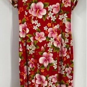 Vintage Ui-Maikai 100% cotton Red Hawaiian tropical floral print maxi dress XL